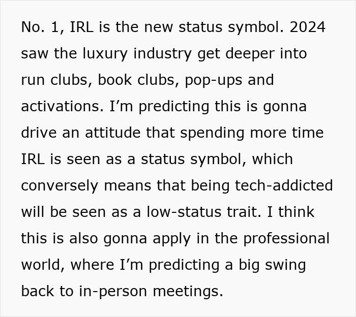 Text discussing a "post-brain rot era" with insights on in-person status trends and tech addiction as a low-status trait. Text discussing a "post-brain rot era" with insights on in-person status trends and tech addiction as a low-status trait.