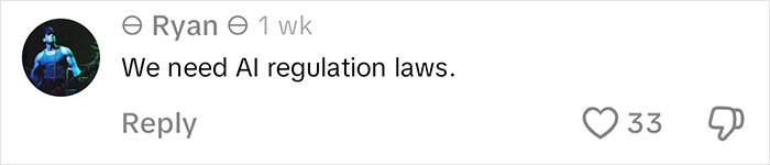 Comment by Ryan calling for AI regulation laws, gaining 33 likes. Comment by Ryan calling for AI regulation laws, gaining 33 likes.