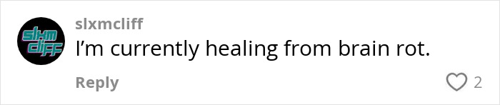 Comment from a user expressing healing from brain rot in a digital conversation. Comment from a user expressing healing from brain rot in a digital conversation.