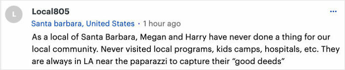 Comment discussing Meghan Markle and Prince Harry's involvement in the Santa Barbara community. Comment discussing Meghan Markle and Prince Harry's involvement in the Santa Barbara community.