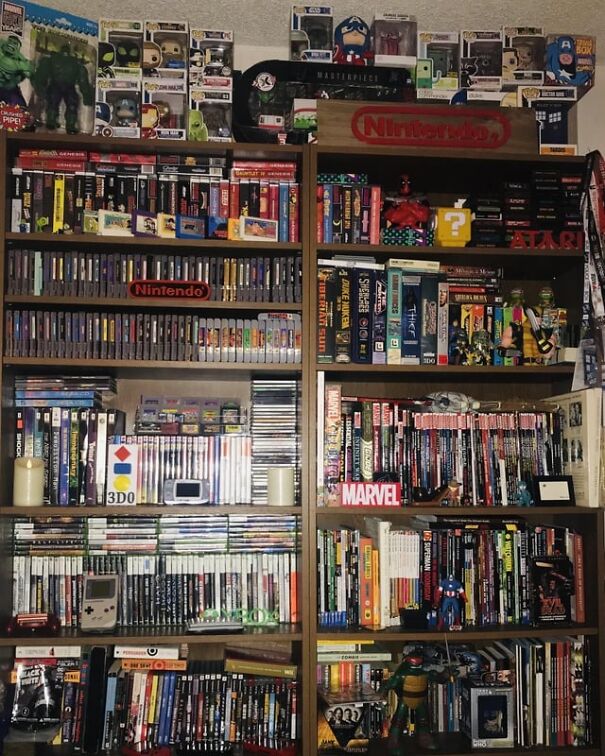 Retro finds on bookshelves filled with vintage video games, figurines, and collectibles, sparking nostalgia for the past.