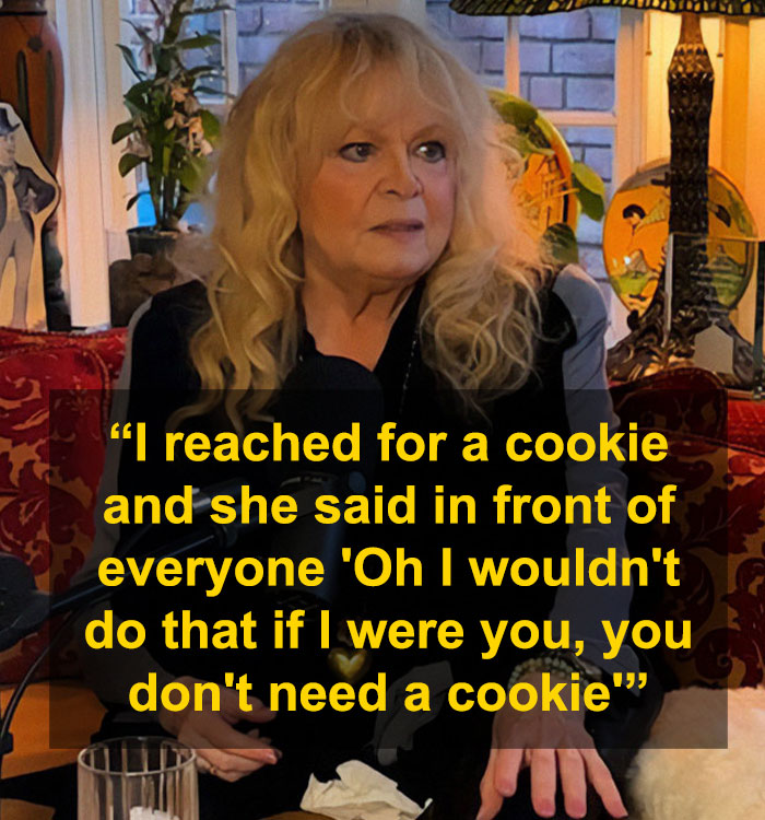 Sally Struthers discussing a passive-aggressive comment about fat-shaming in a cozy room setting. Sally Struthers discussing a passive-aggressive comment about fat-shaming in a cozy room setting.