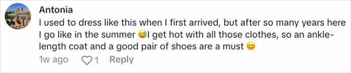 Comment about adapting to Norwegian cold, emphasizing the importance of an ankle-length coat and good shoes. Comment about adapting to Norwegian cold, emphasizing the importance of an ankle-length coat and good shoes.