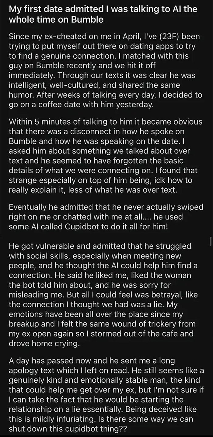 Text screenshot of a dating app message sharing a chaotic experience with AI deception on Bumble.
