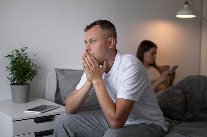 Man sitting thoughtfully on bed, woman using phone in background; concept of friends backing out before success. Man sitting thoughtfully on bed, woman using phone in background; concept of friends backing out before success.