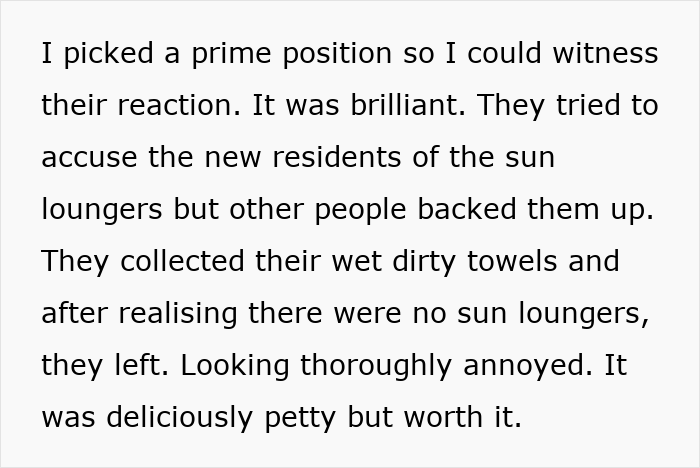 Text description of a man's petty revenge at a resort on selfish people. Text description of a man's petty revenge at a resort on selfish people.