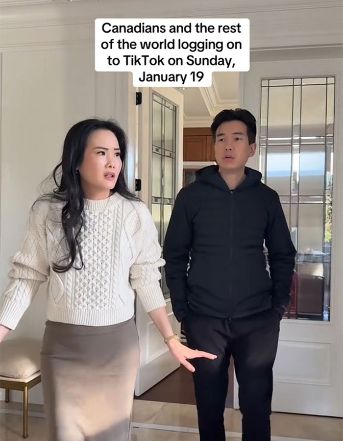Two people reacting to the TikTok US ban, standing indoors with surprised expressions. Two people reacting to the TikTok US ban, standing indoors with surprised expressions.
