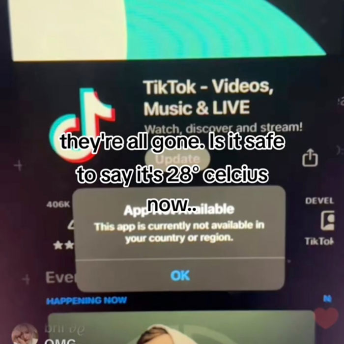 TikTok app unavailable message on screen, referencing global reaction to US ban. TikTok app unavailable message on screen, referencing global reaction to US ban.