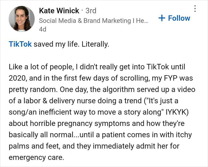 TikTok post by a woman explaining how the platform's content helped her seek emergency care, expressing gratitude for sharing. TikTok post by a woman explaining how the platform's content helped her seek emergency care, expressing gratitude for sharing.