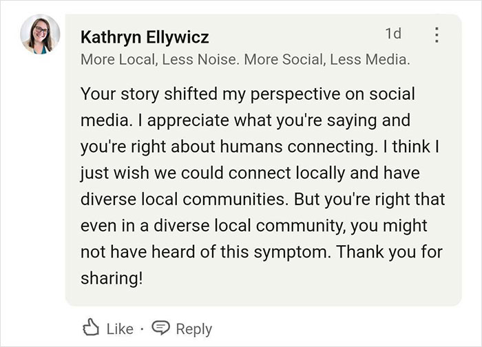 Comment appreciating shared story that influenced perspective on social media, mentioning local community connection. Comment appreciating shared story that influenced perspective on social media, mentioning local community connection.