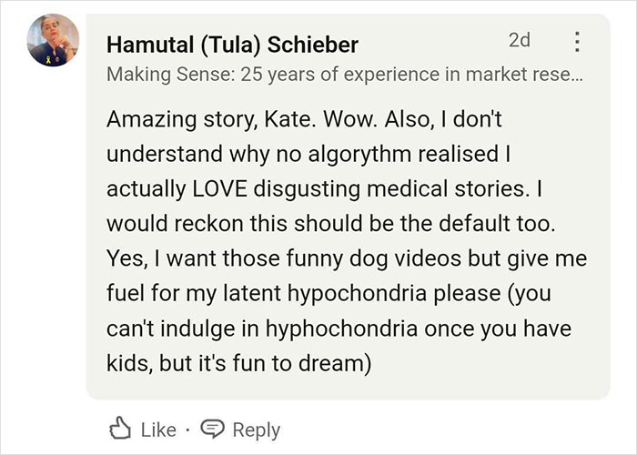 Comment appreciating a TikTok story, expressing love for medical content, and humor about hypochondria. Comment appreciating a TikTok story, expressing love for medical content, and humor about hypochondria.