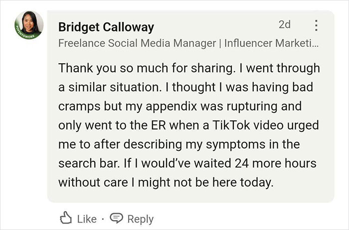 Comment from a social media manager explaining how a TikTok video prompted her to seek medical help, potentially saving her life. Comment from a social media manager explaining how a TikTok video prompted her to seek medical help, potentially saving her life.