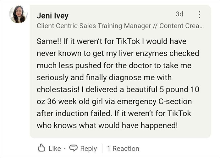 Text message sharing story of TikTok saving a woman's life with a health diagnosis. Text message sharing story of TikTok saving a woman's life with a health diagnosis.