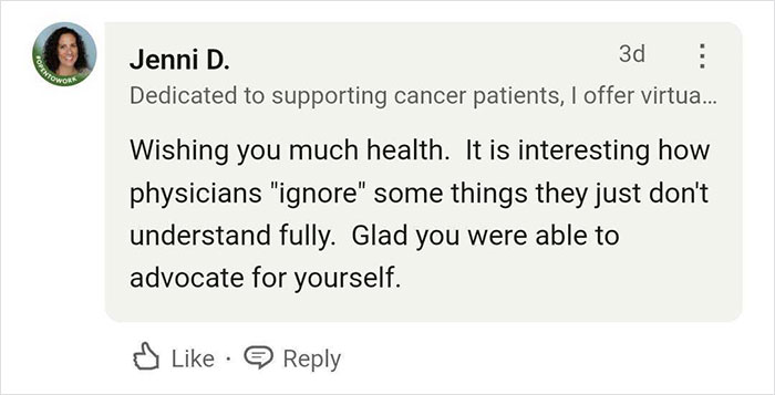 Comment from Jenni D. supporting a woman's health journey, highlighting the impact of TikTok. Comment from Jenni D. supporting a woman's health journey, highlighting the impact of TikTok.
