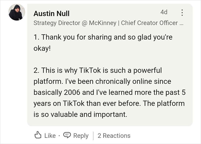Comment praising TikTok's impact, mentioning its value and importance. Comment praising TikTok's impact, mentioning its value and importance.