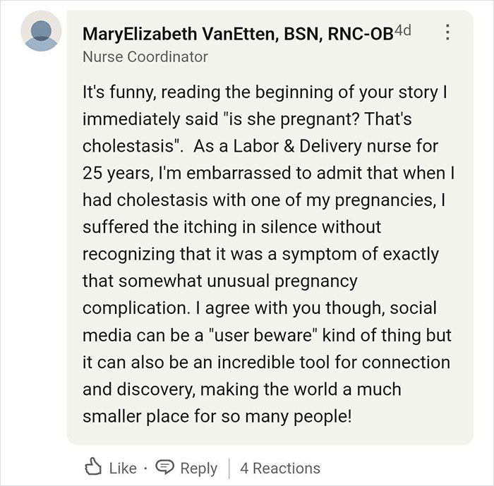 Comment from a nurse discussing how TikTok highlighted a pregnancy complication, emphasizing social media's impact. Comment from a nurse discussing how TikTok highlighted a pregnancy complication, emphasizing social media's impact.
