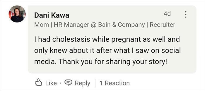 Comment expressing gratitude for learning about cholestasis during pregnancy through social media, crediting TikTok for vital info. Comment expressing gratitude for learning about cholestasis during pregnancy through social media, crediting TikTok for vital info.