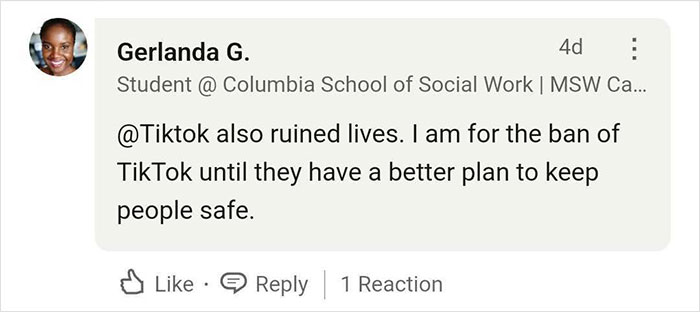 Comment about TikTok's impact on safety, expressing concern and calling for a better safety plan. Comment about TikTok's impact on safety, expressing concern and calling for a better safety plan.