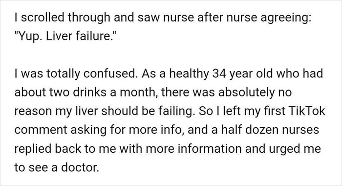 Text describing TikTok users advising a woman to see a doctor for liver failure concerns. Text describing TikTok users advising a woman to see a doctor for liver failure concerns.