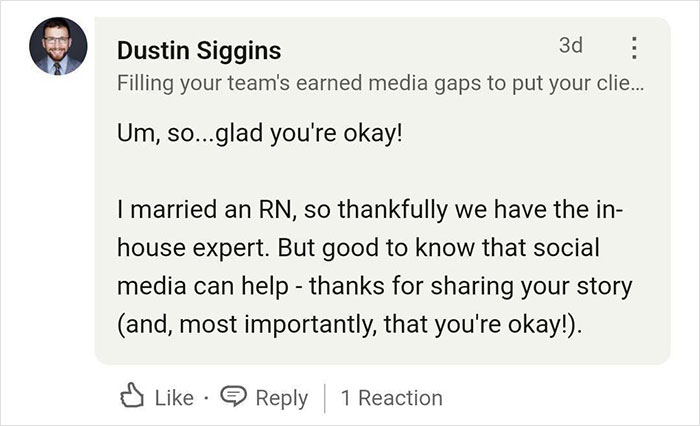 A comment discussing social media's impact and gratitude for shared life-saving stories. A comment discussing social media's impact and gratitude for shared life-saving stories.