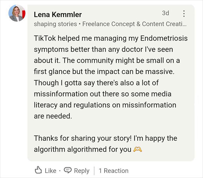 Lena's post about TikTok helping manage endometriosis symptoms better than doctors, highlighting community impact and misinformation. Lena's post about TikTok helping manage endometriosis symptoms better than doctors, highlighting community impact and misinformation.