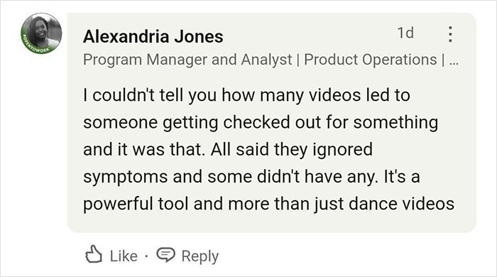 Comment highlighting TikTok's impact on health awareness, mentioning symptoms being ignored. Comment highlighting TikTok's impact on health awareness, mentioning symptoms being ignored.