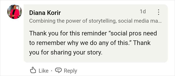 A comment expressing gratitude for sharing a life-saving story on social media. A comment expressing gratitude for sharing a life-saving story on social media.