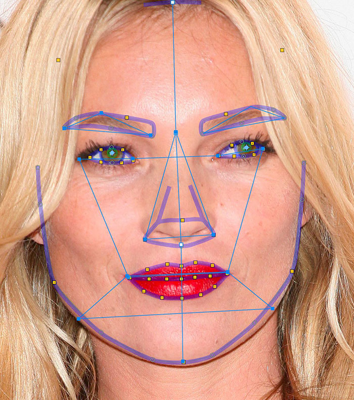 Blonde woman with overlaid facial symmetry lines, showcasing beauty analysis according to science. Blonde woman with overlaid facial symmetry lines, showcasing beauty analysis according to science.