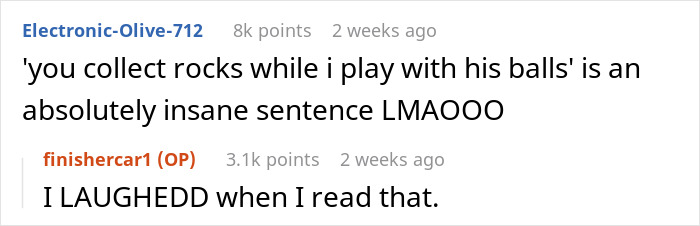 Comment exchange about a humorous sentence related to rocks and balls. Comment exchange about a humorous sentence related to rocks and balls.