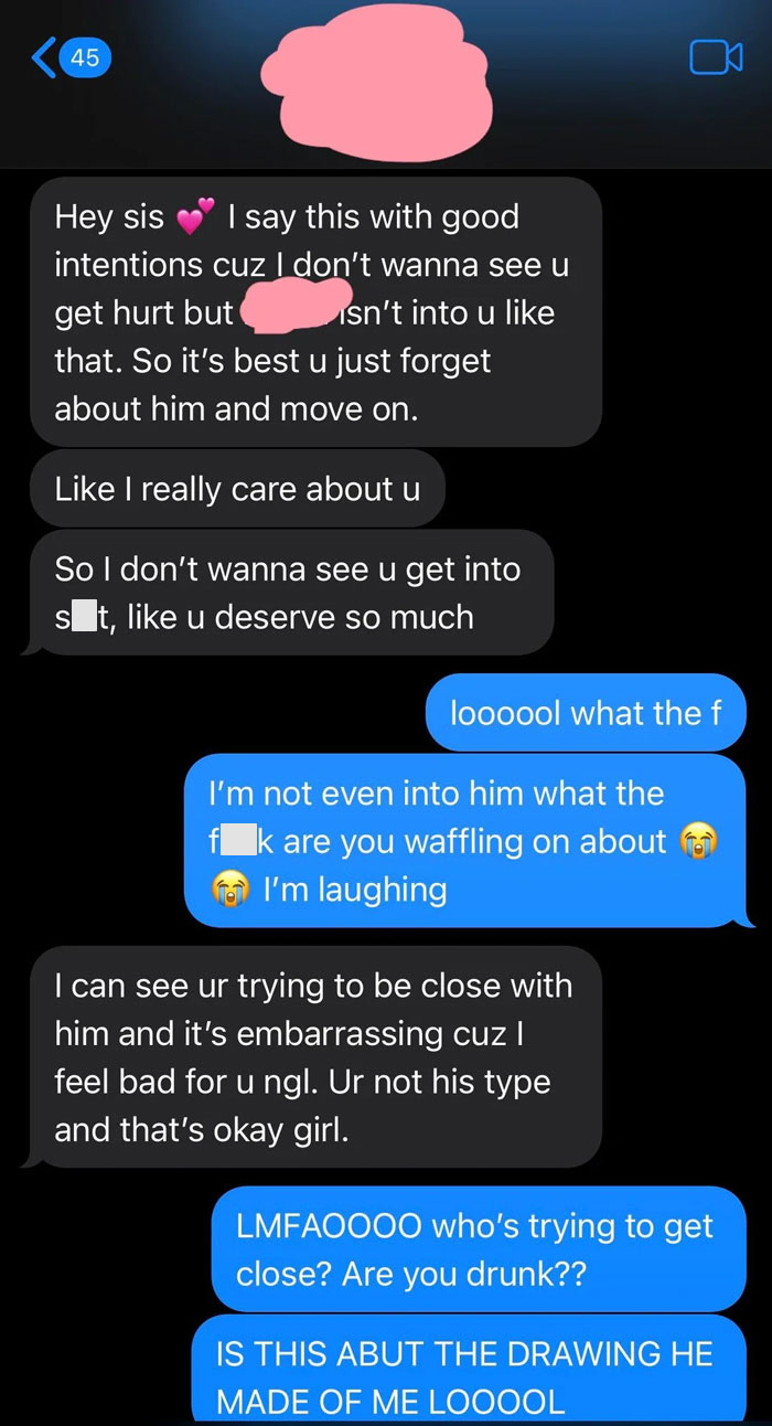 Text exchange between two women discussing friendship intentions and misunderstandings. Text exchange between two women discussing friendship intentions and misunderstandings.