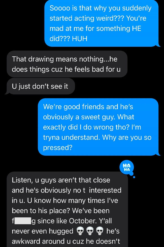 Text exchange about woman joining ex-friend's trip to restart friendship, discussing misunderstandings and feelings. Text exchange about woman joining ex-friend's trip to restart friendship, discussing misunderstandings and feelings.