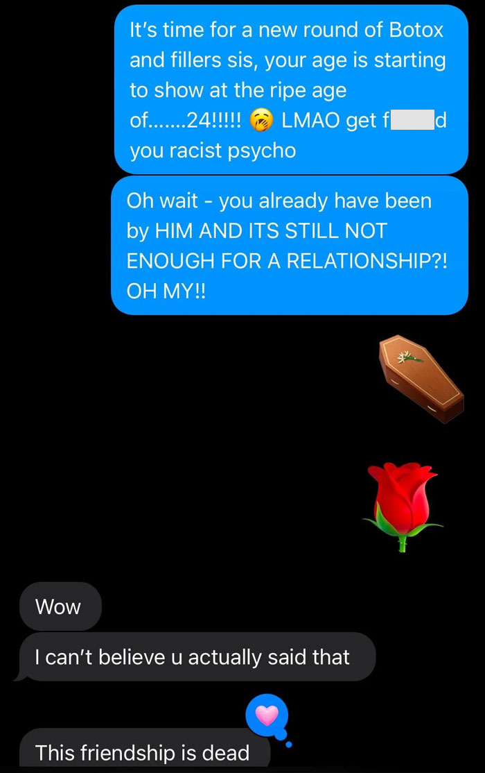 Text exchange about a friendship including tense messages and emojis, depicting conflict resolution attempt. Text exchange about a friendship including tense messages and emojis, depicting conflict resolution attempt.