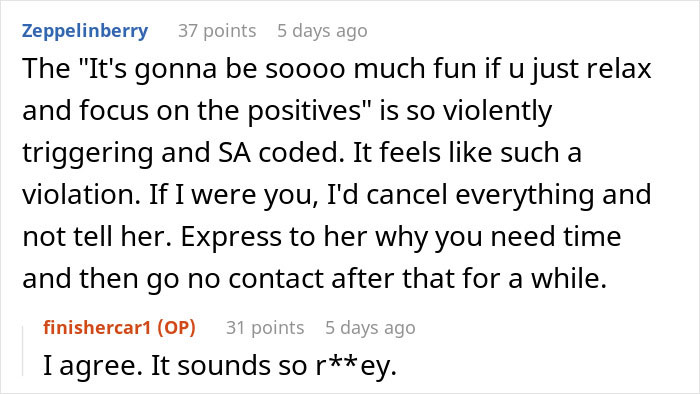 Reddit comments discussing concerns about a woman joining an ex-friend’s solo trip. Reddit comments discussing concerns about a woman joining an ex-friend’s solo trip.