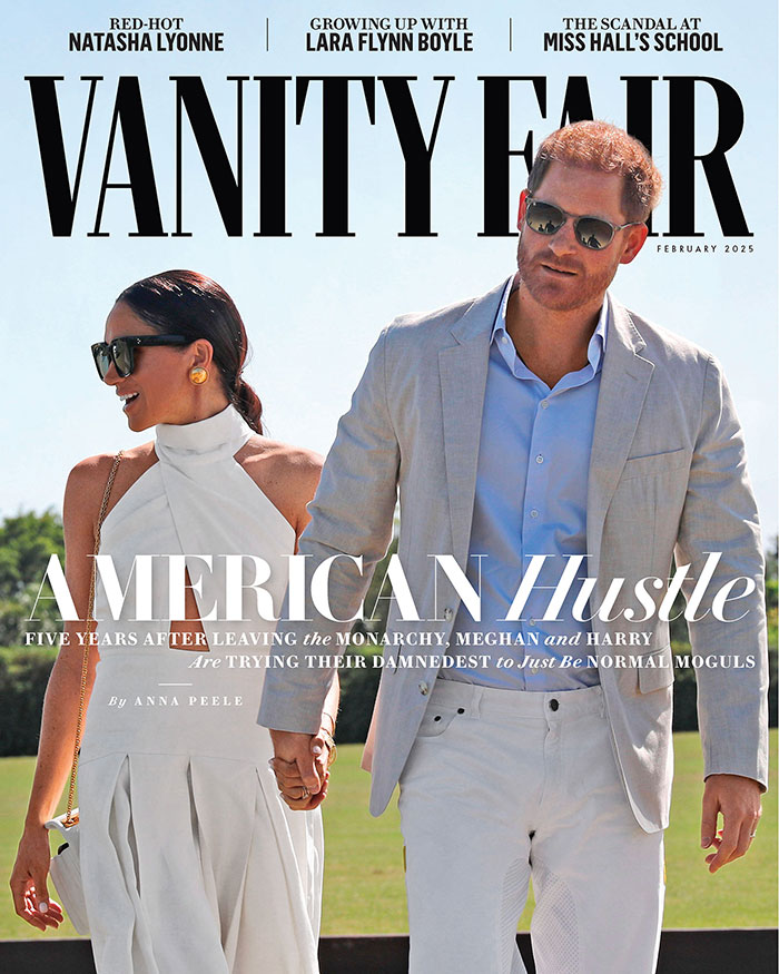 Meghan Markle and Prince Harry featured on Vanity Fair cover, holding hands in stylish attire. Meghan Markle and Prince Harry featured on Vanity Fair cover, holding hands in stylish attire.