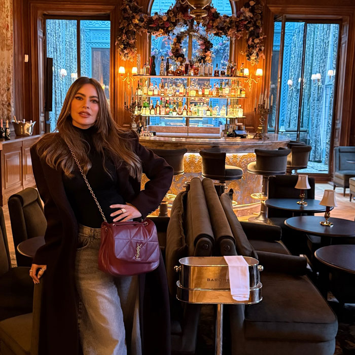 Sofia Vergara in a stylish coat and purse, standing in an elegant bar setting, connected to recent discussions on celebrity behavior. Sofia Vergara in a stylish coat and purse, standing in an elegant bar setting, connected to recent discussions on celebrity behavior.