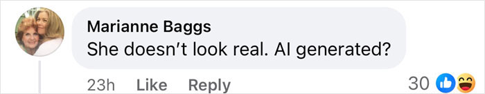 Comment questioning realism of a portrait, suggesting AI generation, with a reply count and reactions. Comment questioning realism of a portrait, suggesting AI generation, with a reply count and reactions.