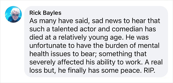 Rick Bayles expresses sadness over the passing of 'Whose Line' star, mentioning his talent and struggles with mental health. Rick Bayles expresses sadness over the passing of 'Whose Line' star, mentioning his talent and struggles with mental health.