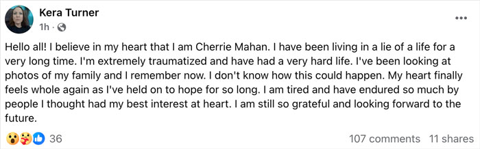 Woman claims she is Cherrie Mahan, missing 8-year-old from 1985, expressing her struggle and hope in a social media post. Woman claims she is Cherrie Mahan, missing 8-year-old from 1985, expressing her struggle and hope in a social media post.