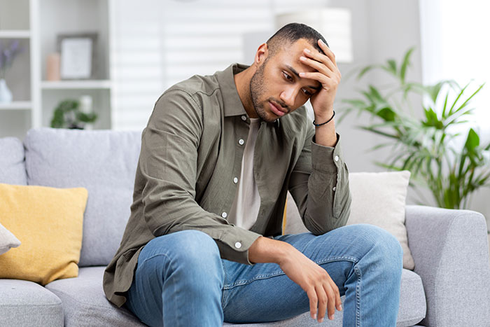 A man sitting on a couch with his hand on his forehead, looking distressed after a rejected proposal. A man sitting on a couch with his hand on his forehead, looking distressed after a rejected proposal.