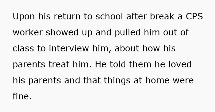 Text discussing a CPS worker interviewing a child at school about family treatment. Text discussing a CPS worker interviewing a child at school about family treatment.