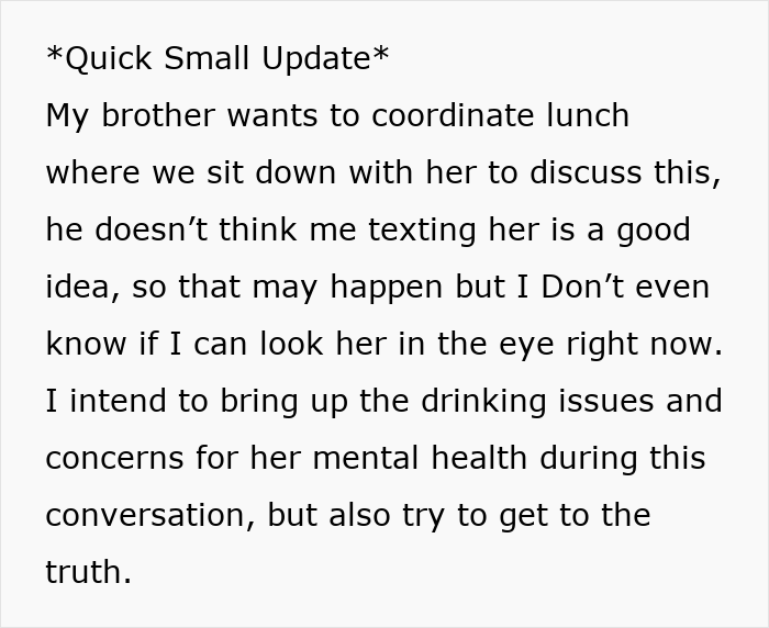 Text discussing a family meeting to address betrayal and concerns about mental health and drinking issues. Text discussing a family meeting to address betrayal and concerns about mental health and drinking issues.