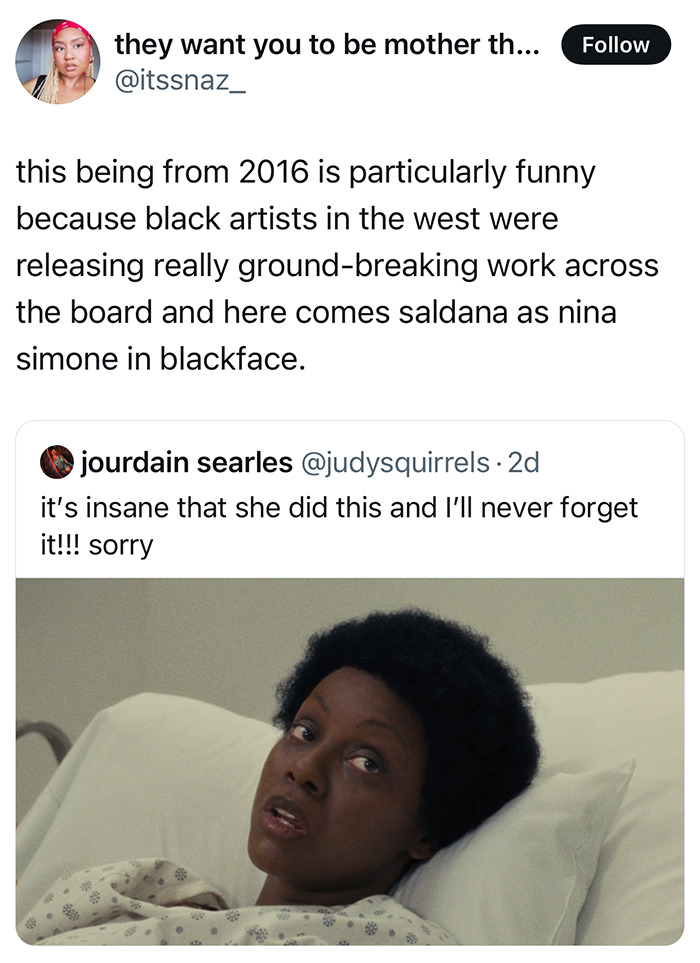 Tweet discussing Zoe Saldaña blackface controversy, referencing her role as Nina Simone and industry context. Tweet discussing Zoe Saldaña blackface controversy, referencing her role as Nina Simone and industry context.