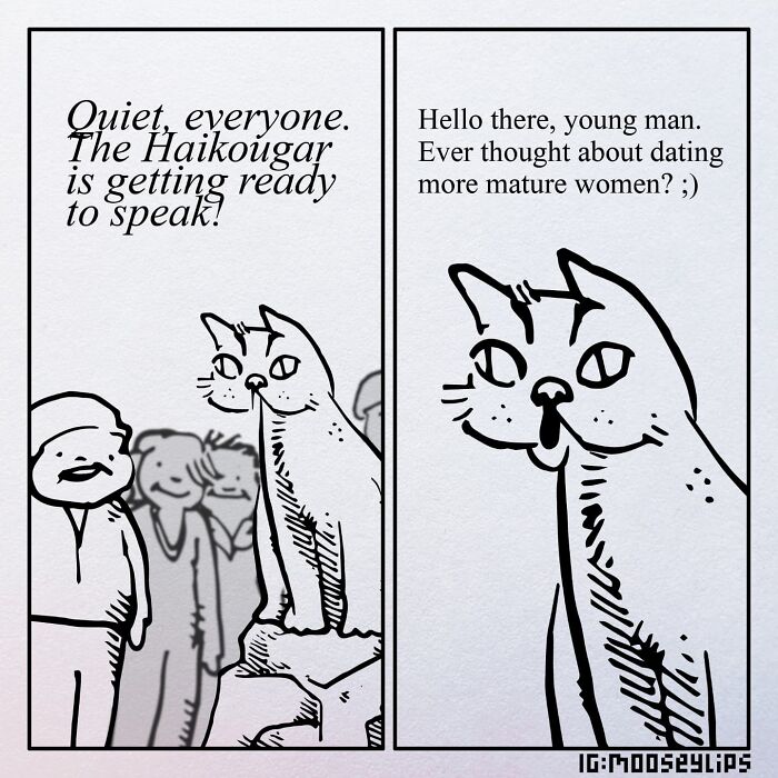 A comedic cat, labeled "Haikougar," speaks to a crowd in a witty Mooseylips comic strip.