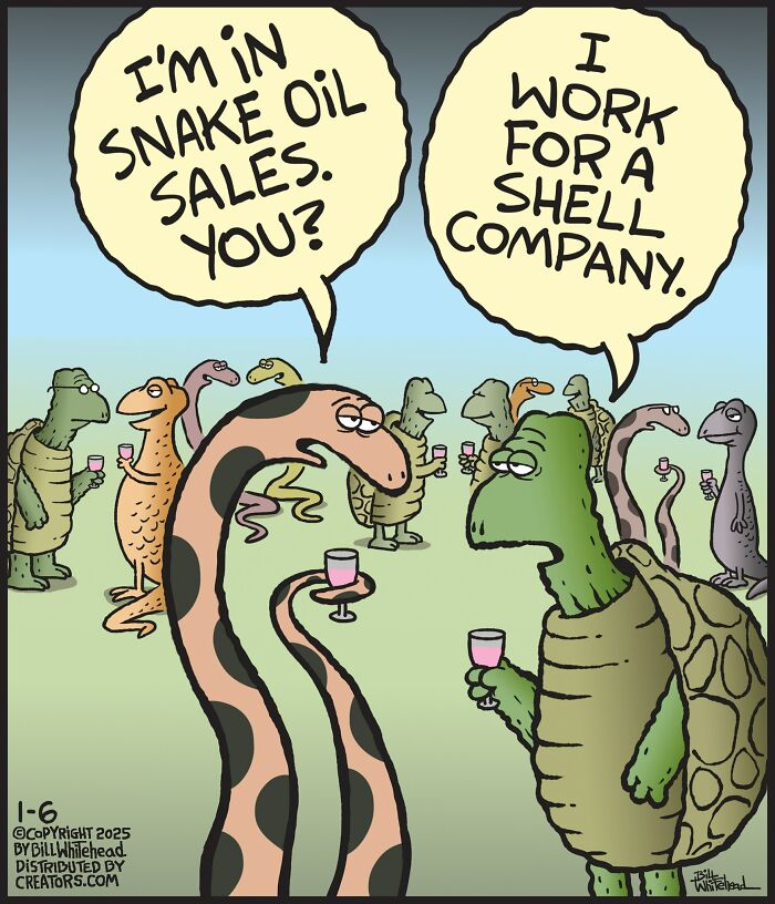Funny one-panel comic by Bill Whitehead featuring a snake and turtle having a humorous conversation at a party.