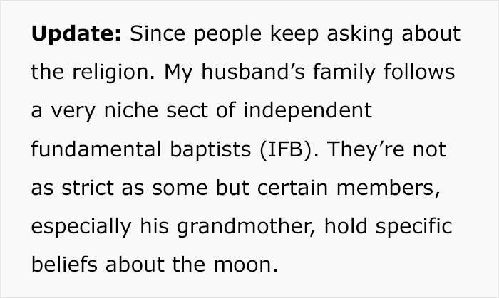 Text discussing religious beliefs of an independent fundamental Baptist family regarding the moon. Text discussing religious beliefs of an independent fundamental Baptist family regarding the moon.