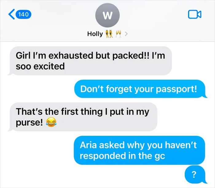 Text message exchange about vacation preparation, featuring excitement and a reminder to bring a passport. Text message exchange about vacation preparation, featuring excitement and a reminder to bring a passport.