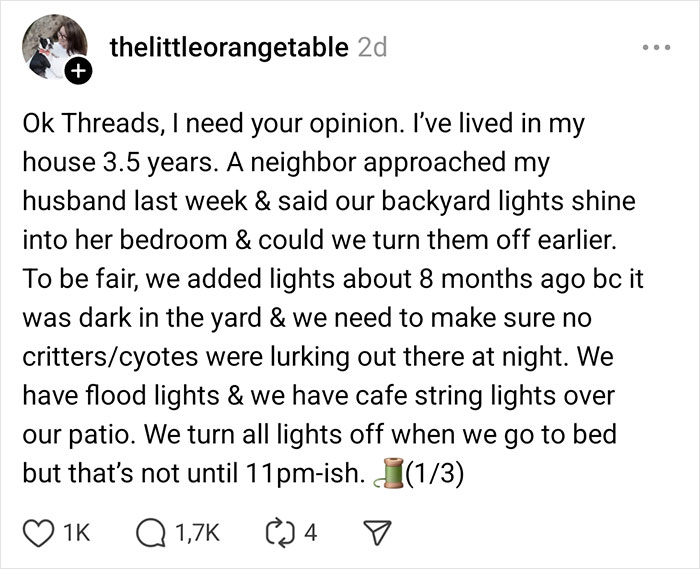 Social media post about neighbors' complaints regarding backyard lights and reactions to them. Social media post about neighbors' complaints regarding backyard lights and reactions to them.