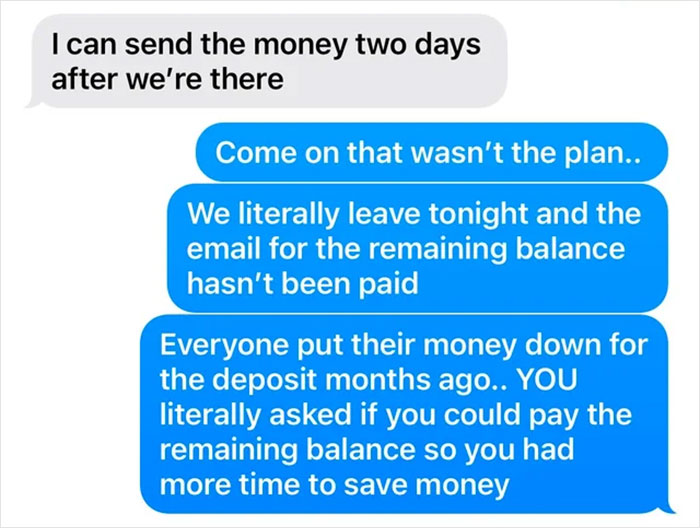 Text conversation about a vacation payment disagreement. Text conversation about a vacation payment disagreement.