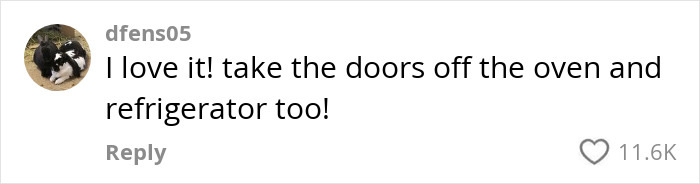 Comment about woman's kitchen transformation, suggesting removal of oven and refrigerator doors. Comment about woman's kitchen transformation, suggesting removal of oven and refrigerator doors.