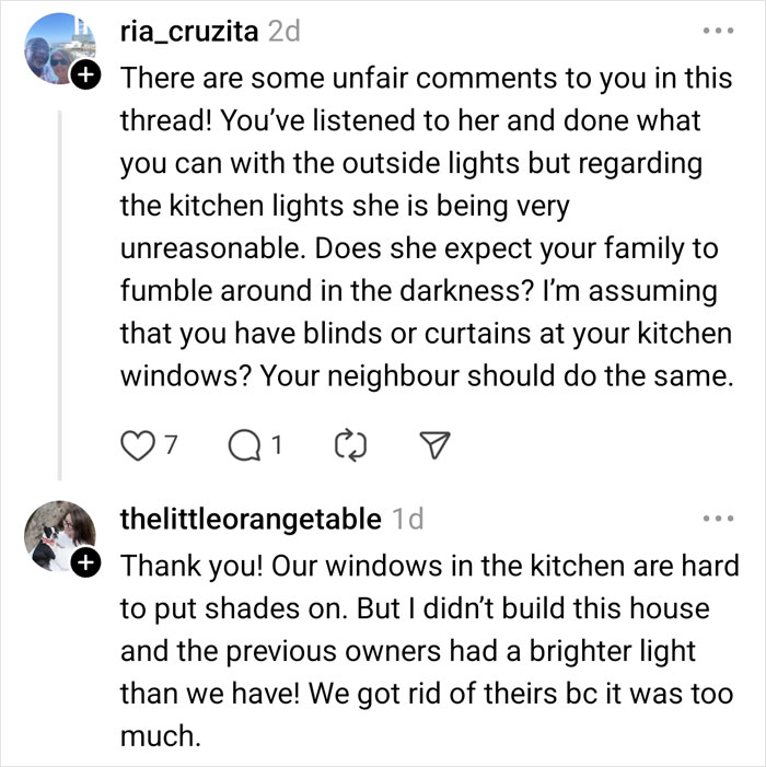 Neighbor's complaints about light discussed in online comments, addressing kitchen lighting and window shades. Neighbor's complaints about light discussed in online comments, addressing kitchen lighting and window shades.